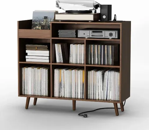Meher 45'' W Record Player Stand with Charging Station and Media Shelves
