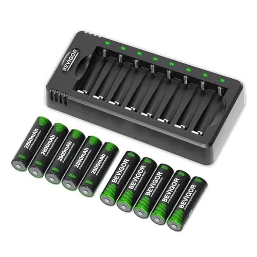 Bevigor AA 2,800mAh Rechargeable Batteries with Charger 10-Pack