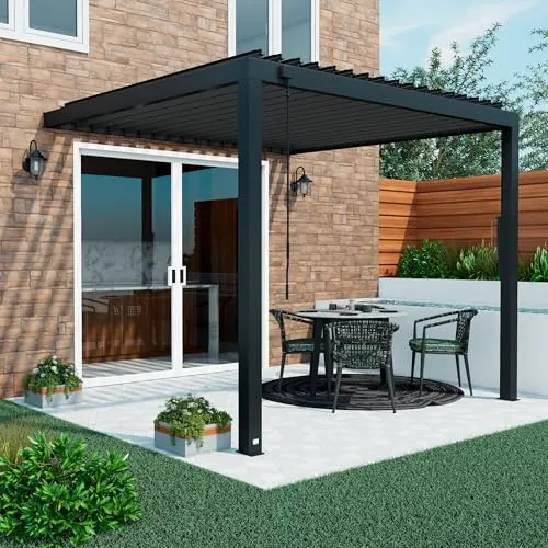 Backyard Discovery Evanston Galvanized Steel Wall-Mounted Louvered Pergola Kit with Adjustable Roof