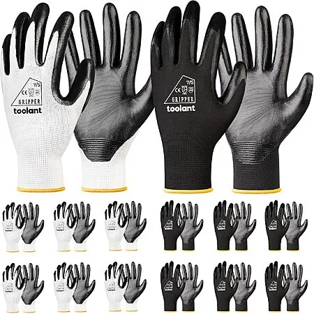 12-Pair toolant Nitrile Coated Work Gloves (White & Black)
