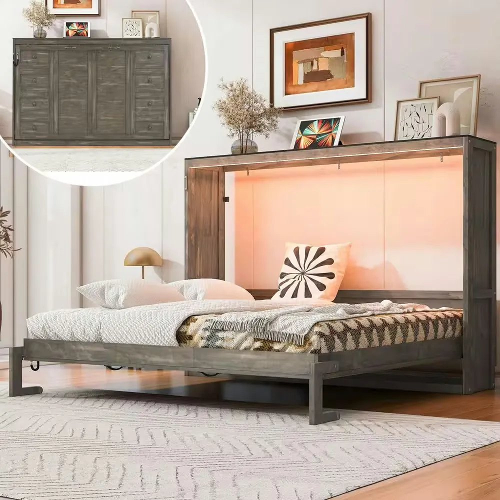 Harper & Bright Designs Brown Wood Frame Full Murphy Bed