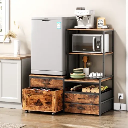 Mini Fridge Stand with Wine Rack and Power Outlet