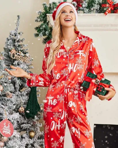 Ekouaer Cute Long Satin Silk Pajama Set