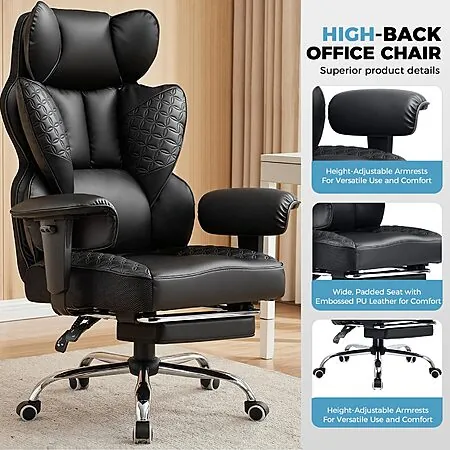 COMHOMA Big & Tall Ergonomic Gaming Chair w/ Footrest (Black)