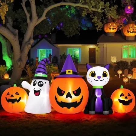 Firstness 8' Halloween Inflatable Pumpkins Ghost Cat with Lights