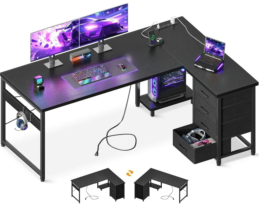 61" L-Shaped Gaming Desk w/ 4 Drawers & Power Outlets