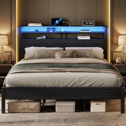 DUMOS King Bed Frame with Headboard Drawers, RGB Light & Charging Station