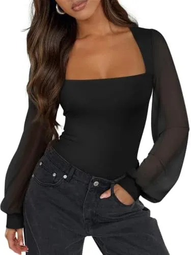 PINKMSTYLE Square Neck Double Lined Mesh Bodysuits Tops
