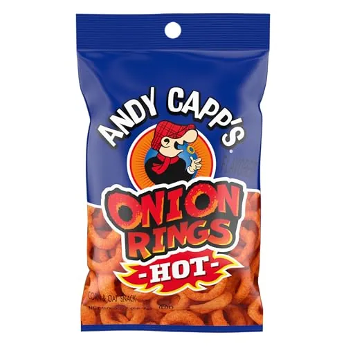 Andy Capp's Beer Battered Onion Rings Baked Oat and Corn Snacks, Hot, 2 oz.