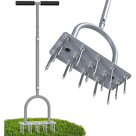 TOPHDY Manual Spike Lawn Aerator Tool w/ 15 Iron Spikes & Adjustable Height