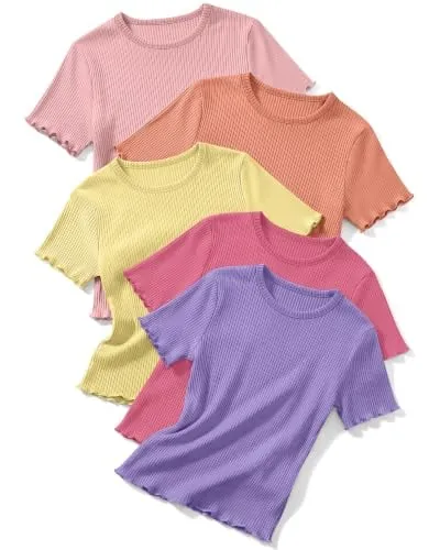 LessonZoo 5 Pack Toddler Girl T Shirts Crew Neck Short Sleeve Ribbed Tops