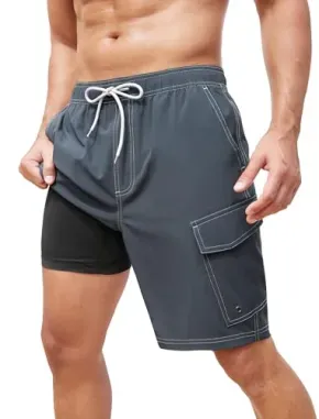 SILKWORLD 9" Men's Swimming Trunks w/ Compression Liner, Cargo Pockets