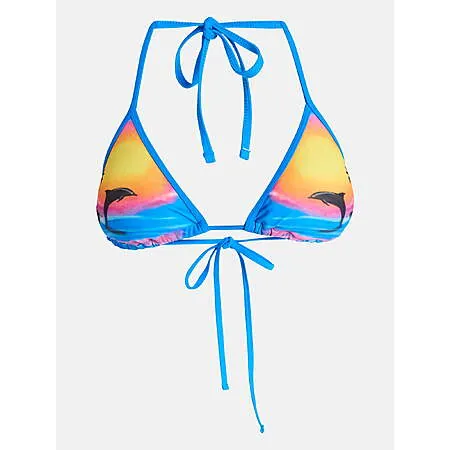 No Boundaries Women's Triangle Bikini Swim Top (Blue Dolphin)
