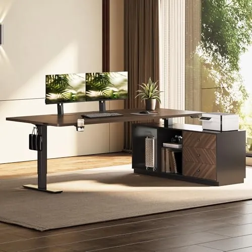 FLEXISPOT 63" L Shaped Standing Desk with Drawers, Black Walnut