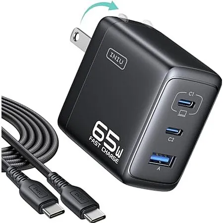 INIU Up to 65W 3-Port Charger Block w/ 5-ft USB-C Cable (2x USB C, 1x USB A)