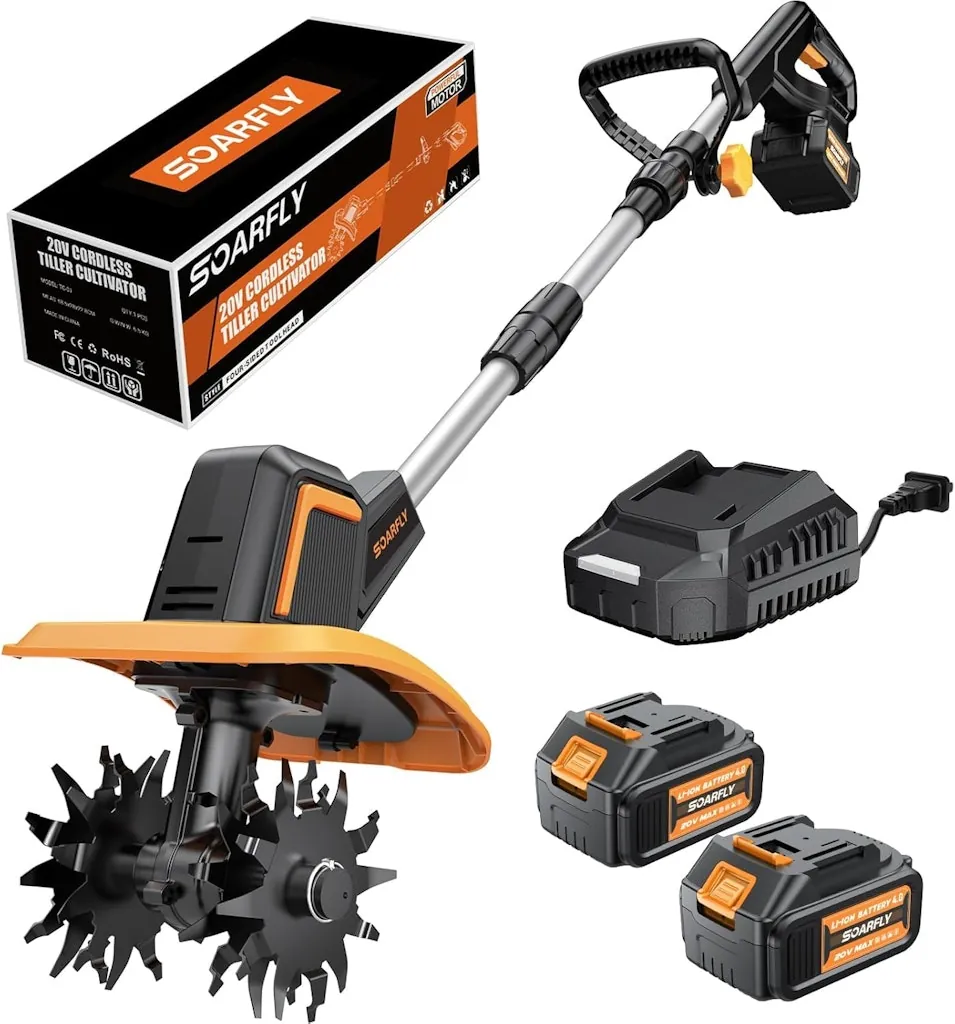 SoarFly Cordless Tiller Cultivator w/ Dual 4.0Ah Batteries and Charger