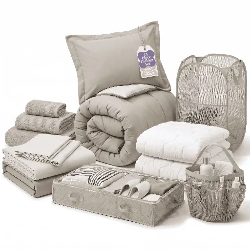 Virtu 13-Piece Twin XL Bed-in-a-Bag Dorm Bedding & Essentials Set (Linen)