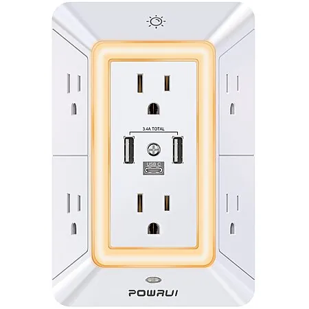 6-Outlet POWRUI 1680J Wall Extender w/ Night Light & 3x USB Ports