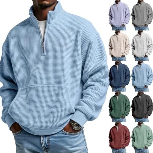 Men's Waffle Quarter Zip Mock Neck Pullover Sweatshirt