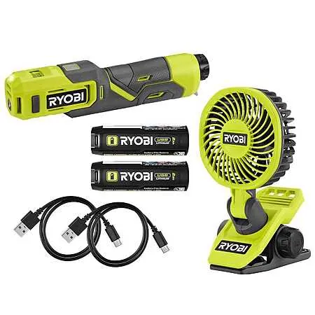 RYOBI USB Lithium Combo Kit w/ Clamp Fan, Inflator & Three 2.0Ah Batteries