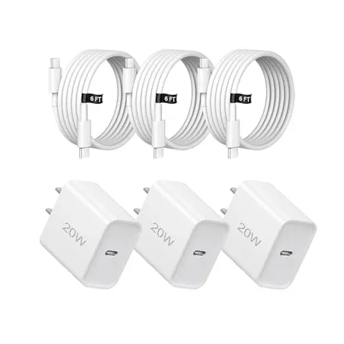20W USB-C Fast Charger 3-Pack with USB-C Cable for iPhone 17/16/15 and iPad
