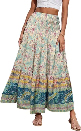 CFLONGE Women's Bohemian High Waist A Line Maxi Long Skirt