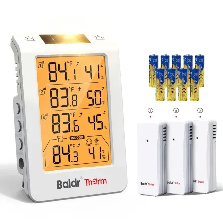 Baldr Wireless Indoor Outdoor Thermometer w/ 3 Remote Sensors & 4.8" LCD