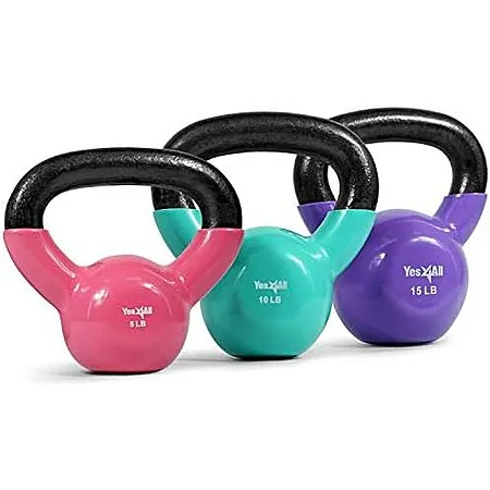 Yes4All Vinyl Coated Kettlebell Cast Iron Set (5, 10, 15 Lbs)