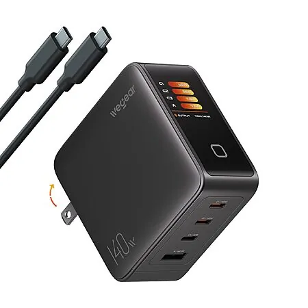 4-Port wegear 140W GaN USB-C Wall Charger w/ Touch Smart Display & 5' 240W Cable