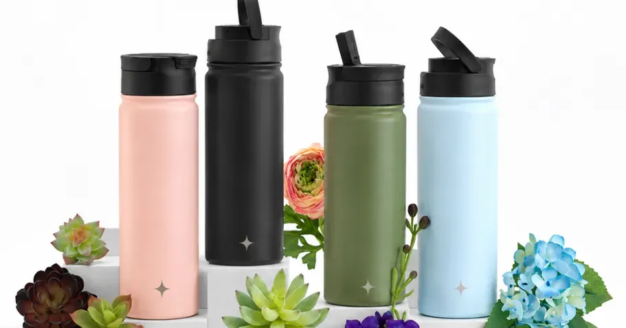 Insulated Water Bottle 4-Pack Only $20 Shipped (Includes 8 Lids!)