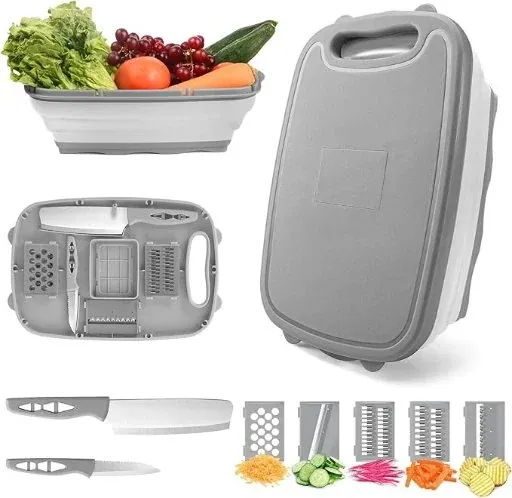 HI NINGER 9-in-1 Collapsible Cutting Board w/ Colander & Grater (Gray)