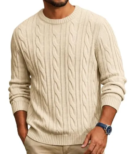 COOFANDY Men's Crewneck Cable Knit Sweater