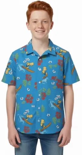 The Simpsons Boys' Short Sleeve Graphic Button-Up Shirt Surf The Wave