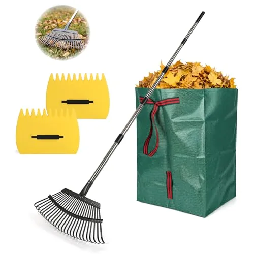 Ajimy 25-Tine Extendable Handle Heavy Duty Metal Rake Set w/ Leaf Scoops and 53-Gal Bag