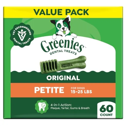 Greenies Petite Natural Dental Dog Treats, Original Flavor, 60 Count