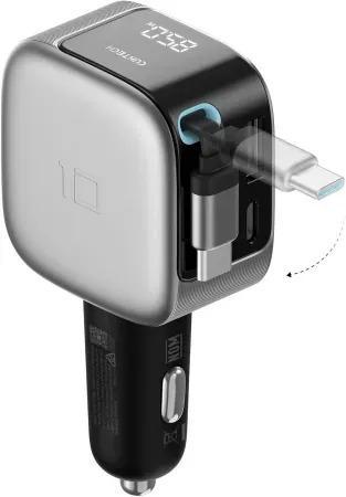 CUKTECH 85W 3-Port GaN Car Charger w/ Built-In USB-C Cable & LED Display