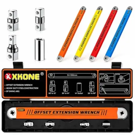 XKONE Offset Extension Wrench with Square Drive Adapters & 1/4" Socket