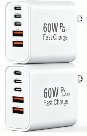 2-Pack Pukerehab 60W 5-Port USB-C/USB-A Wall Charger Block