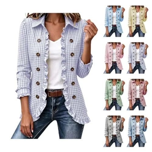 Lightweight Ruffled Lapel Open Front Plaid Jacket