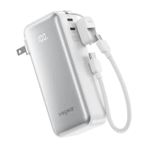 Wegear 10,000mAh 30W 3-in-1 Power Bank with Built-In Wall Plug & USB-C Lanyard (Silver)