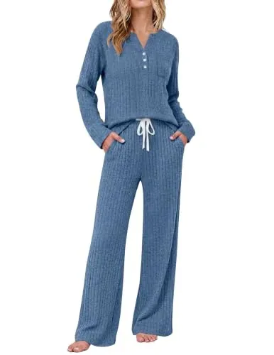 Ekouaer Long Sleeve Knit Ribbed Lounge Set
