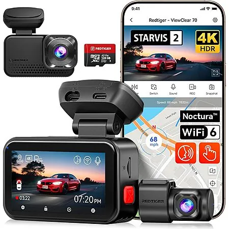 RedTiger VC70 4K+2.5K Dual HDR Starvis 2 Dash Cam w/ 128GB microSDXC Card