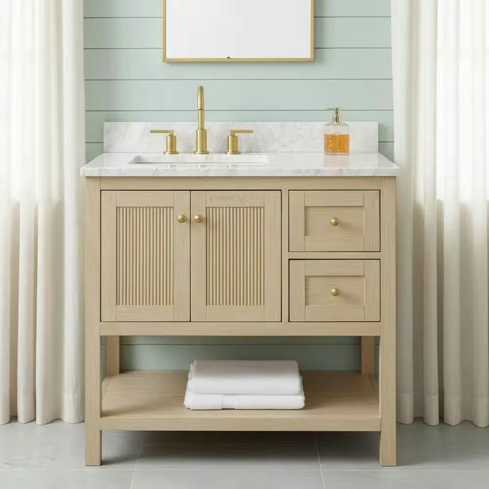 Home Decorators Collection Arcott 37" Single Sink Fluted Natural Wood Bath Vanity w/ Top