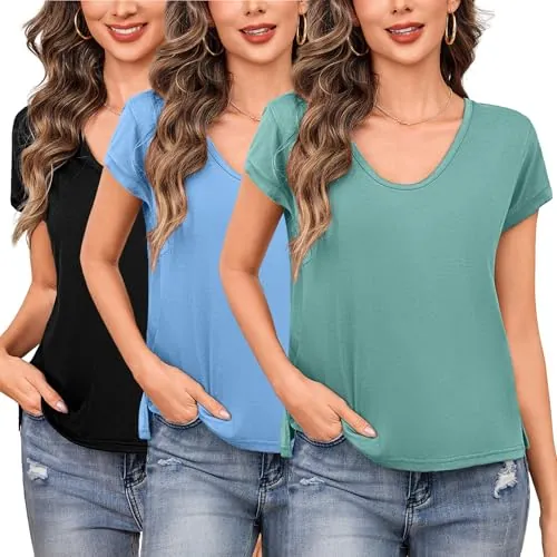 Women 3 Pack Cap Sleeve Scoop Neck Cotton Blend T-Shirts