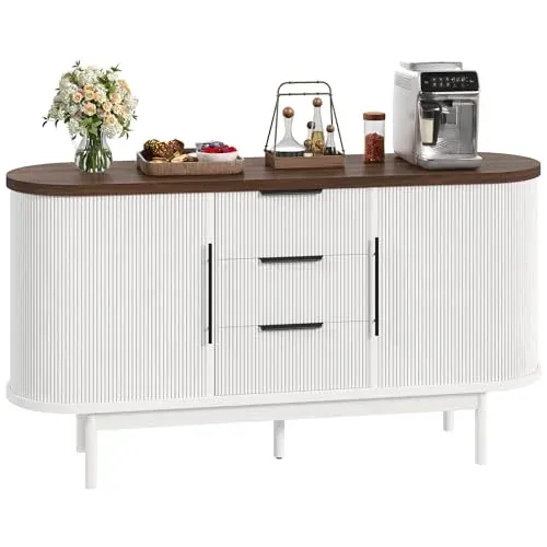 DWVO Fluted Sideboard Buffet Cabinet (White & Brown)