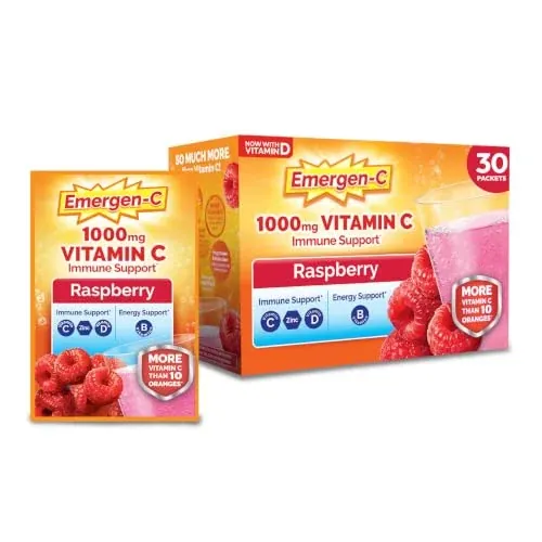 Emergen-C Vitamin C 1000mg Immune Support Powder, Raspberry, 30 Packets