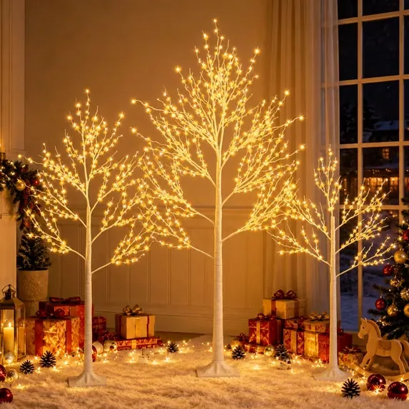 Segmart 3-Piece 6FT 5FT 4FT Pre-Lit Birch Christmas Trees Set with 650 LED Lights