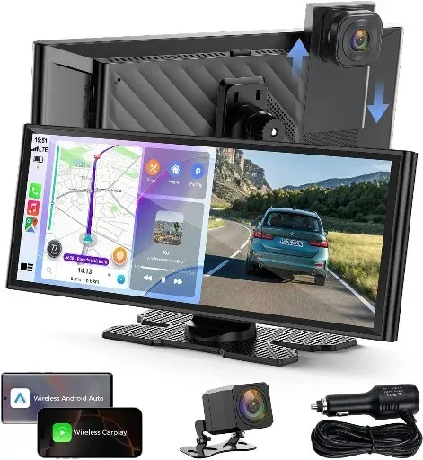 TOGUARDGO 9.26" Wireless CarPlay Screen with 4K+1080P Dual Dash Cam Front & Rear, 1600x600 IPS Display