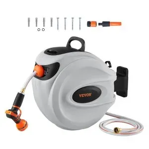 65' VEVOR Retractable Hose w/ Swivel Bracket Wall-Mounted Hose Reel & Nozzle
