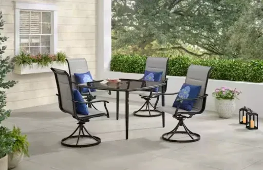 Kentbury 5-Piece Steel Padded Sling Square Glass Top Outdoor Dining Set